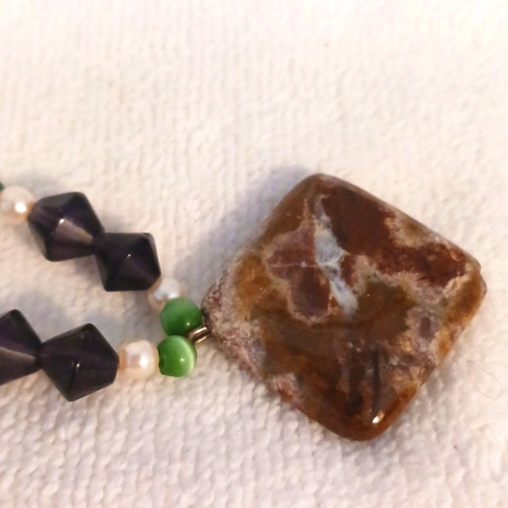 Vintage GEMSTONES 10"Necklace Jade Garnet Pearls Agate Gemstones Southwest Boho - Picture 3 of 9